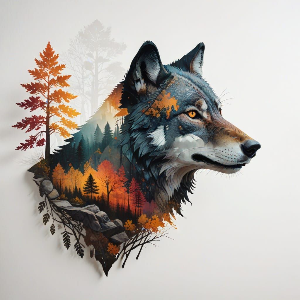 Double Exposure Wolf Silhouette in Autumn Woodland