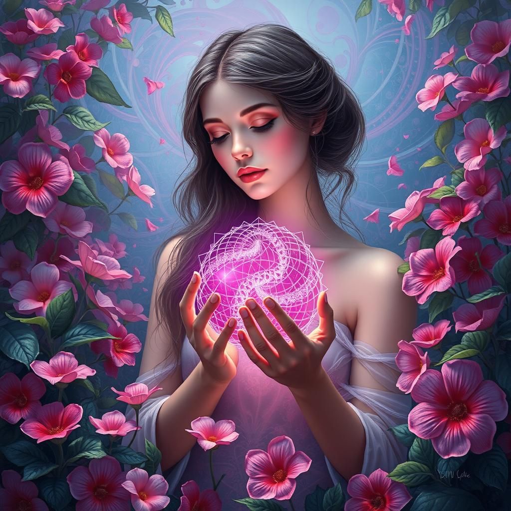 Dreamy Woman with Fractal Art in Futuristic Style