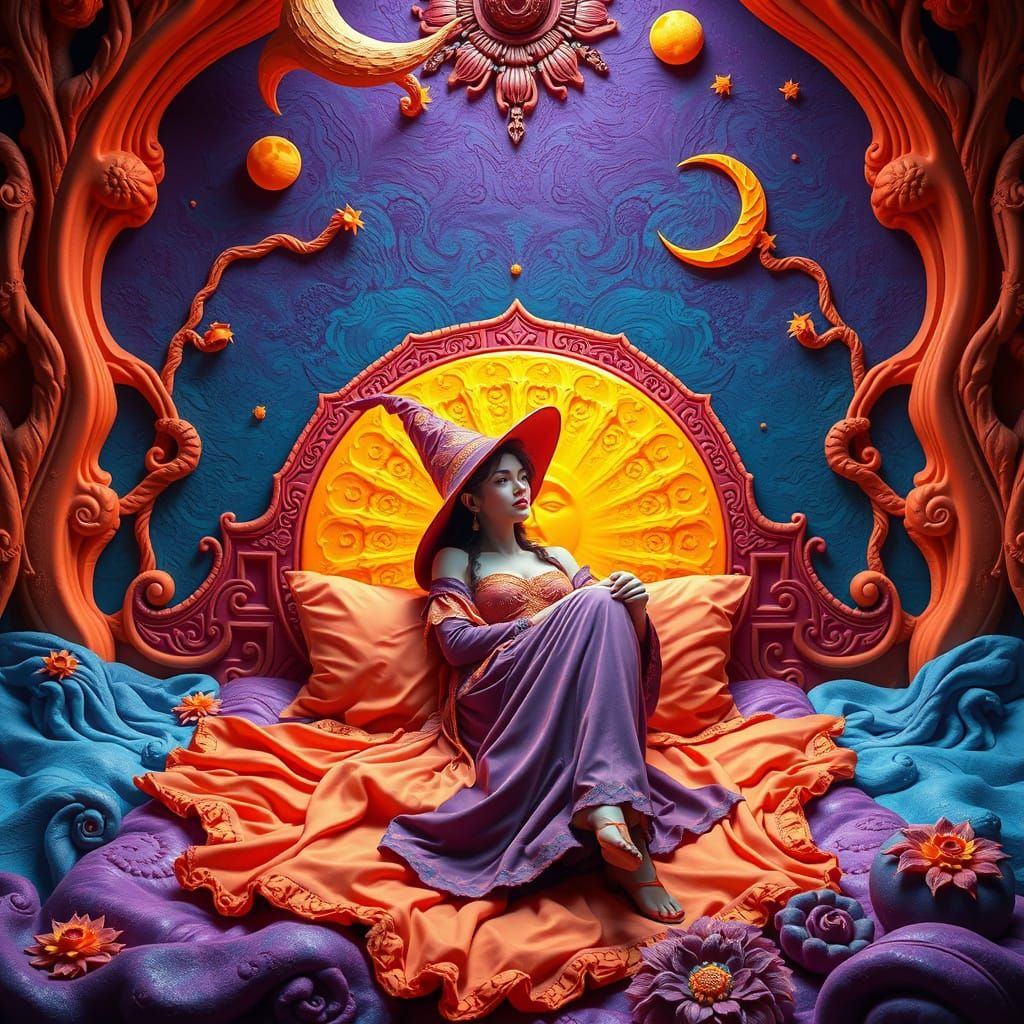 Surreal Wizard Woman in Lavish Purple and Orange Celestial B...