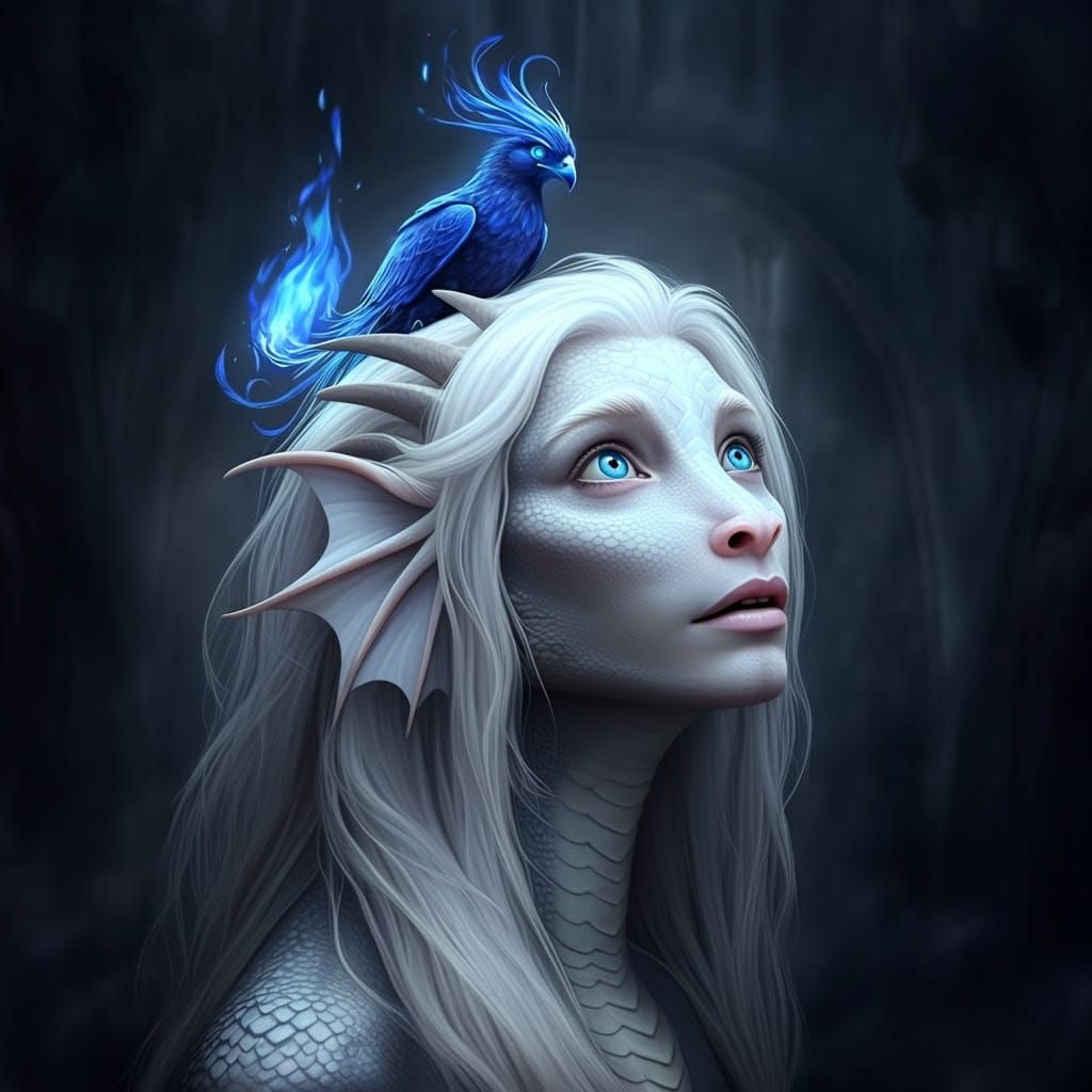 Ethereal Anaxian Girl Surrounded by Soft Blue Flames