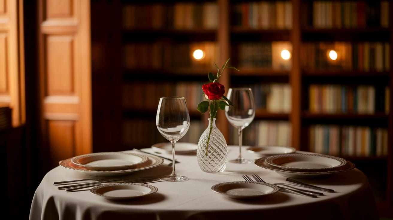 Elegant Dinner Table with Rose in Magazine Editorial Style