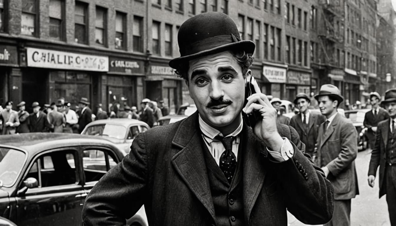 Charlie Chaplin on Mobile Phone: Retro Photo