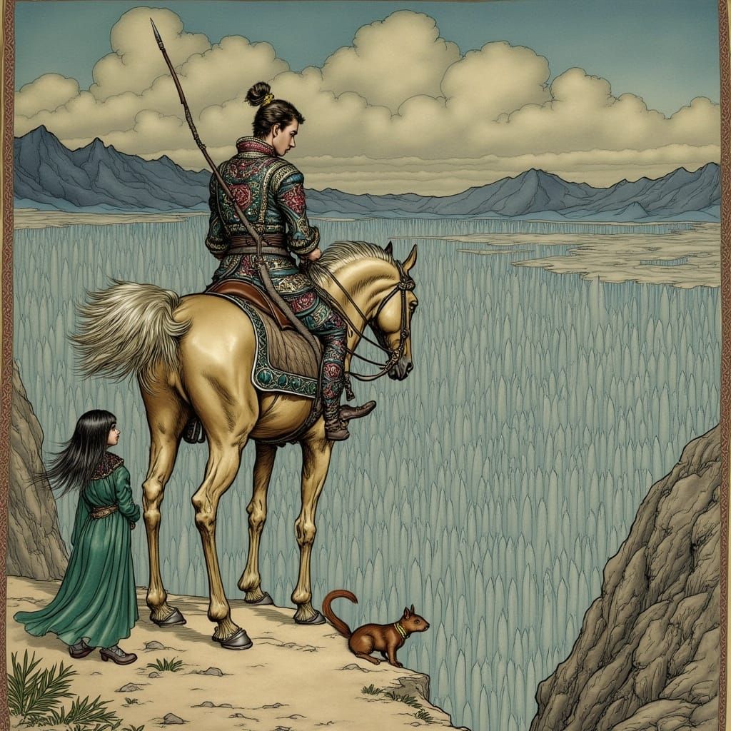 Epic Persian Warrior on Majestic Steed with Loyal Companions