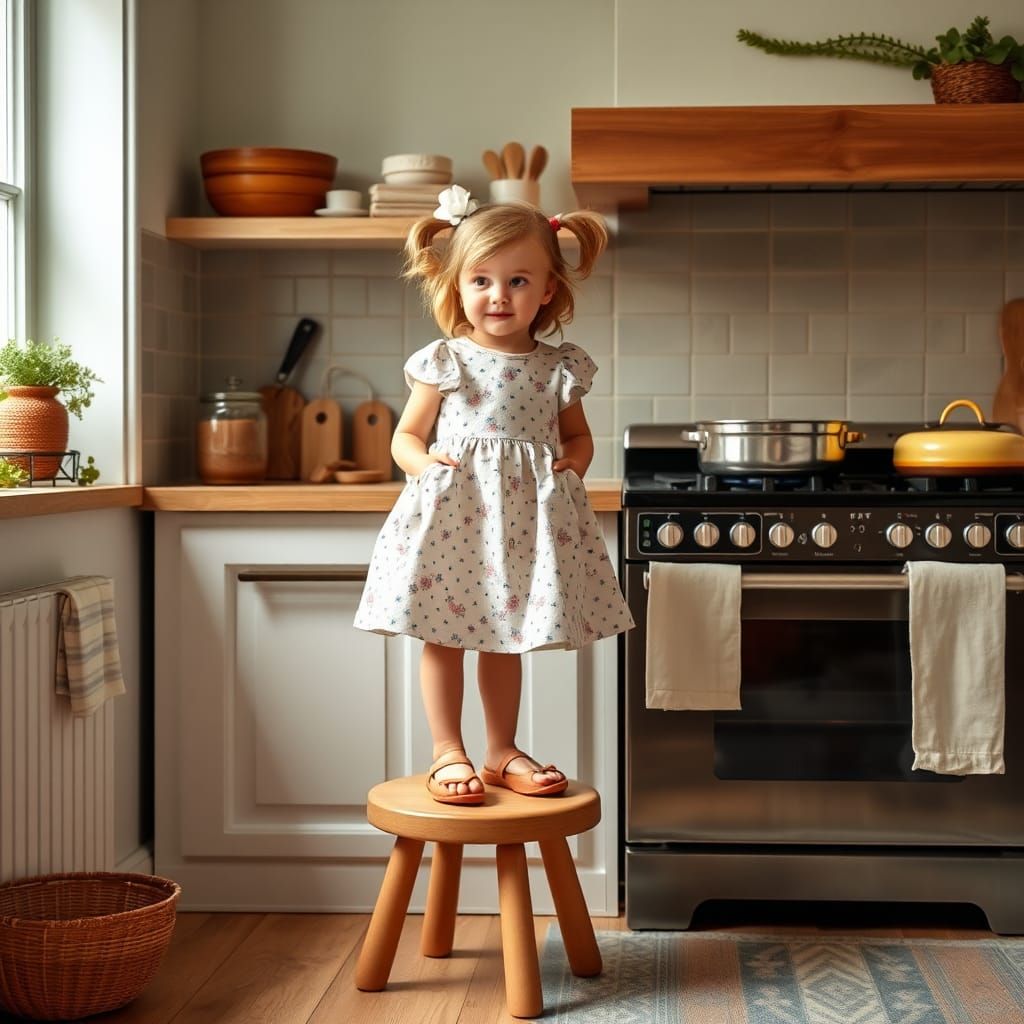 Girl Cooking Pudding on Stove in Kitchen