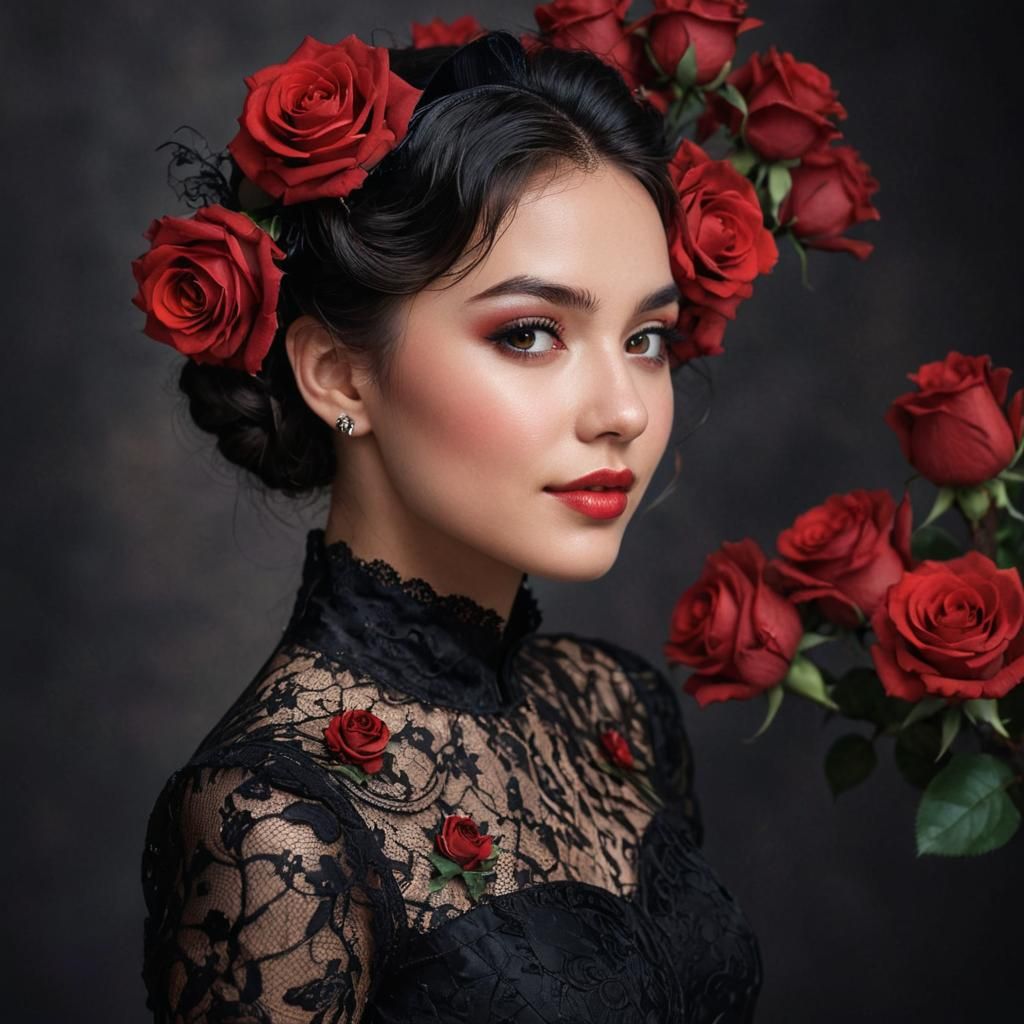 Woman in Roses: Hyper-Realistic Digital Portrait