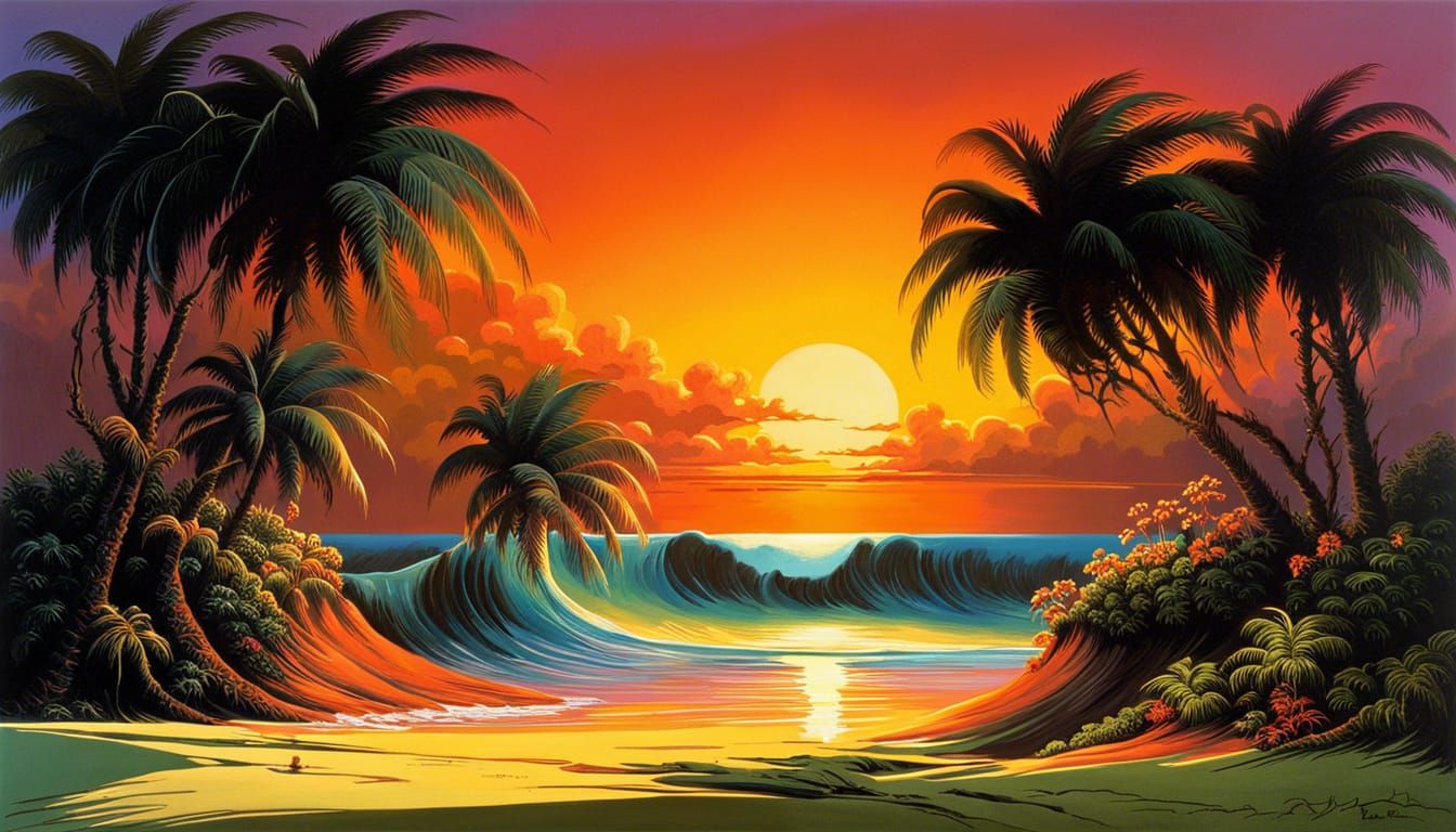 Tropical Island Sunset with Palm Trees