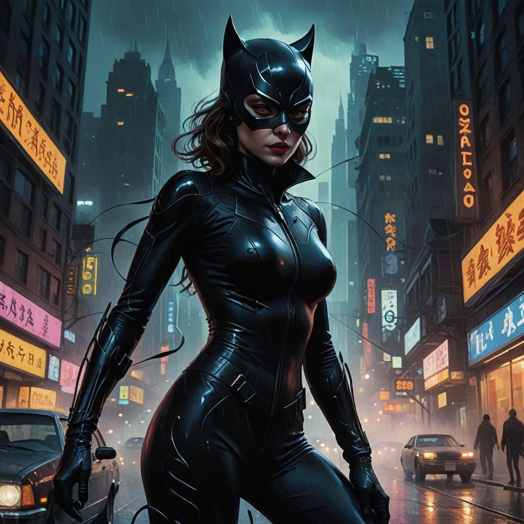 Sleek Catwoman Transformation in Gotham City Nightscape