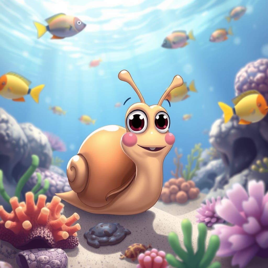 Cartoon Sea Snail in Tropical Waters