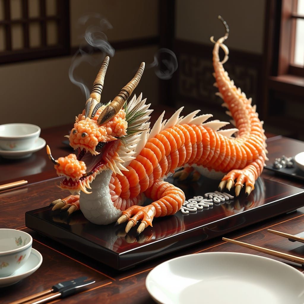 Sushi Dragon on Lacquered Table, Japanese Painting Style