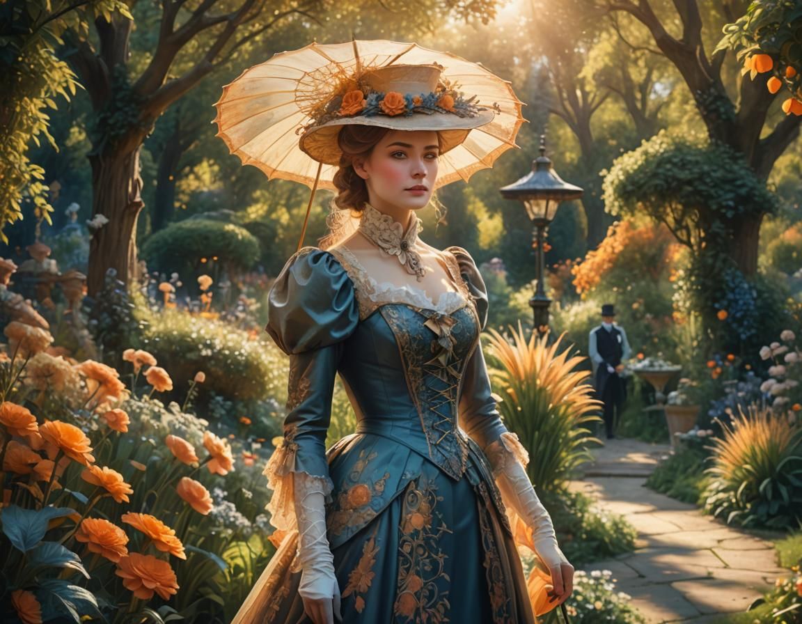 Victorian Woman in Sun-Drenched Garden: Fantasy Art