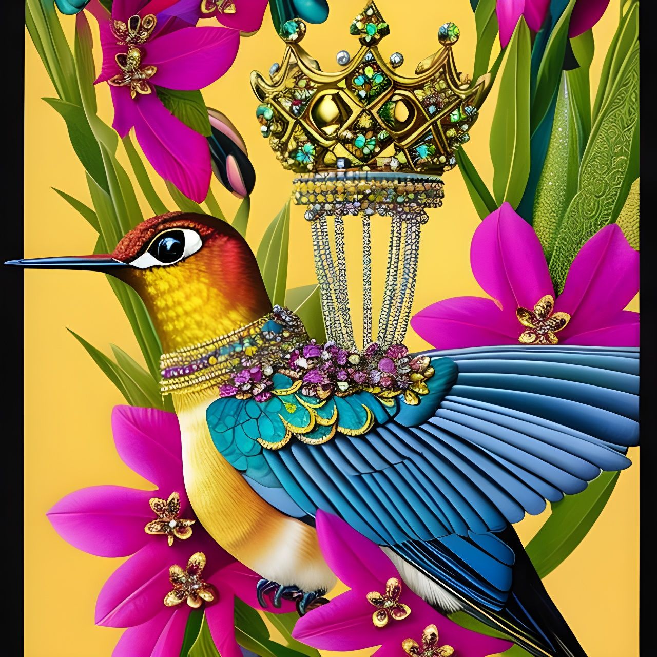 Jeweled Hummingbird with Crown: Hyperdetailed Fairytale Illu...