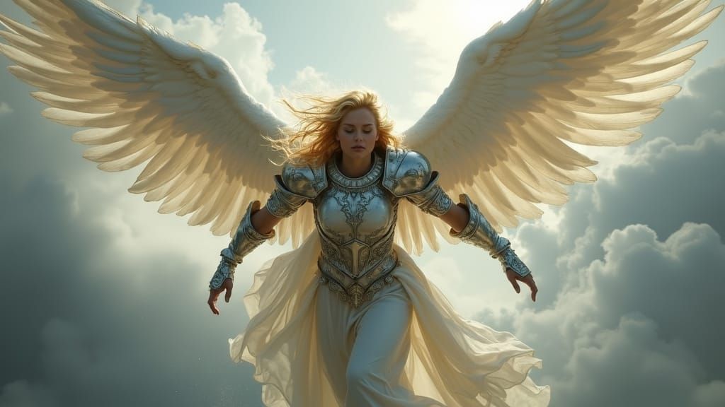 Angel Warrior Dives into Stormy Skies in Celestial Armor