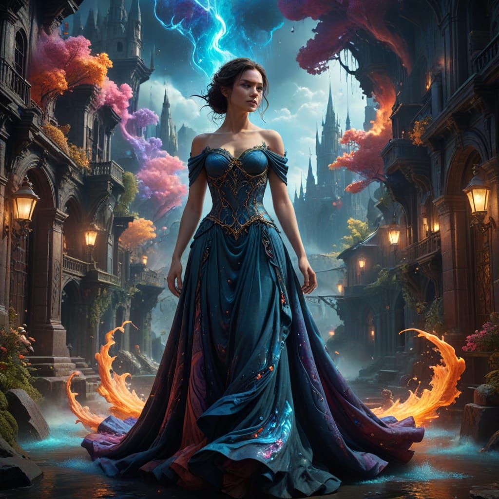 Nebula Gown in Surreal Cityscape: Abstract Surrealism