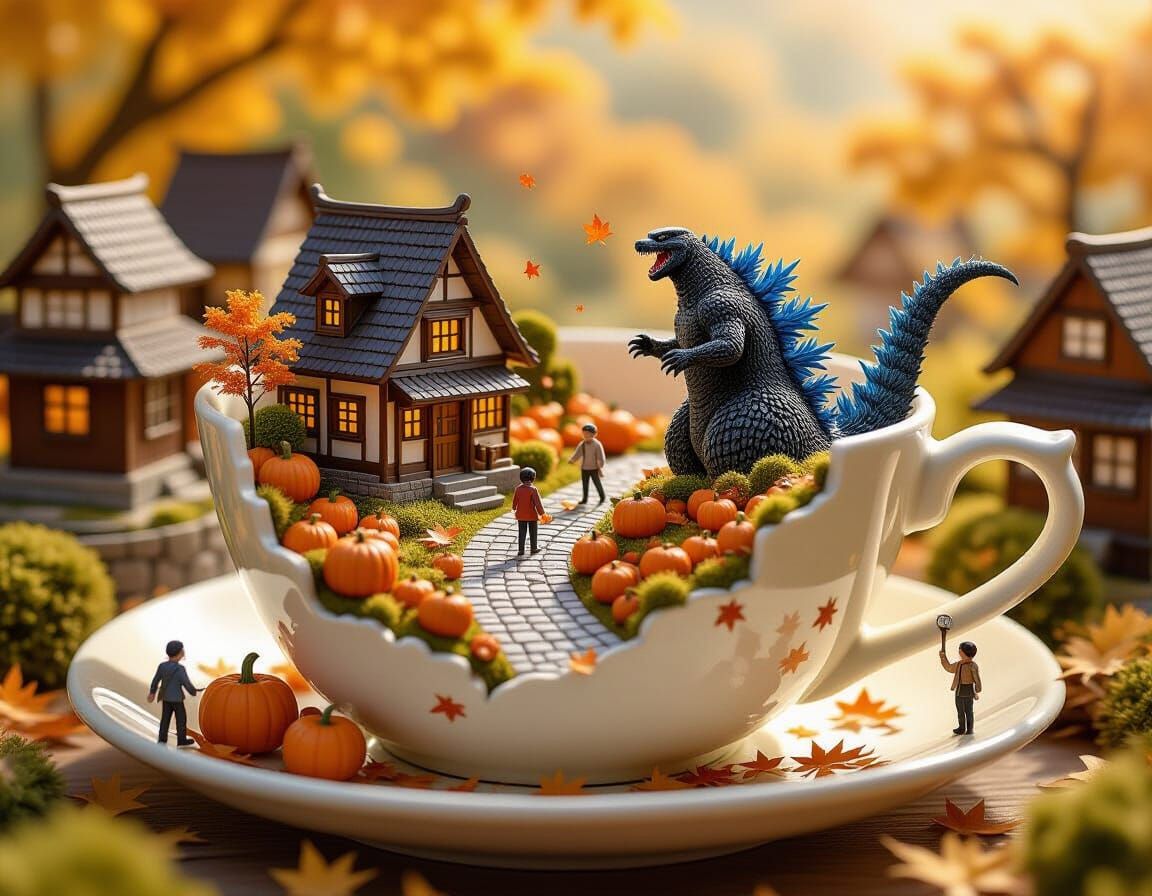 Miniature Japanese Village Inside Teacup in Autumn Light