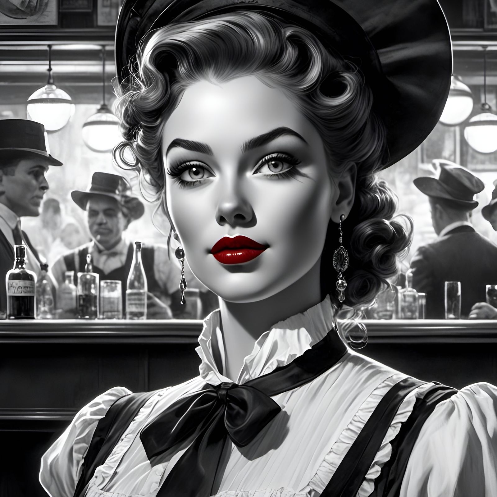 Vintage Portrait of Saloon Barmaid with Red Lips