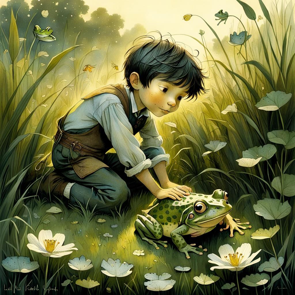 Boy and Frog in Shimmering Light, Detailed Illustration