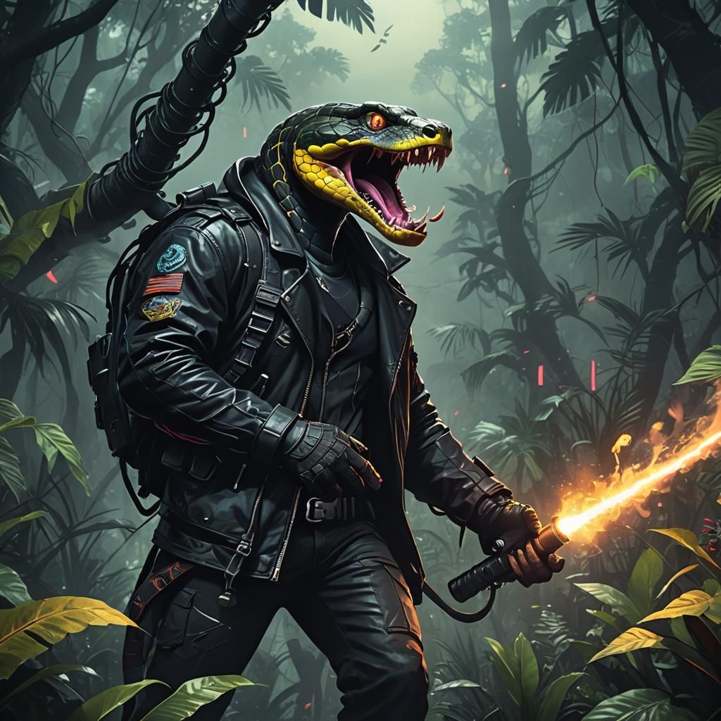 Snake with Bazooka in Jungle, Digital Art