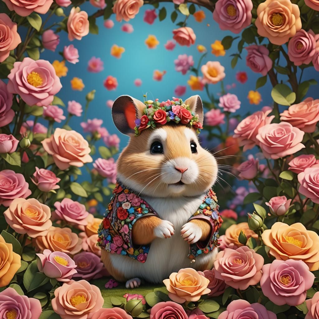Cute Hamster Sits Among Vibrant Roses in Whimsical Cartoon S...