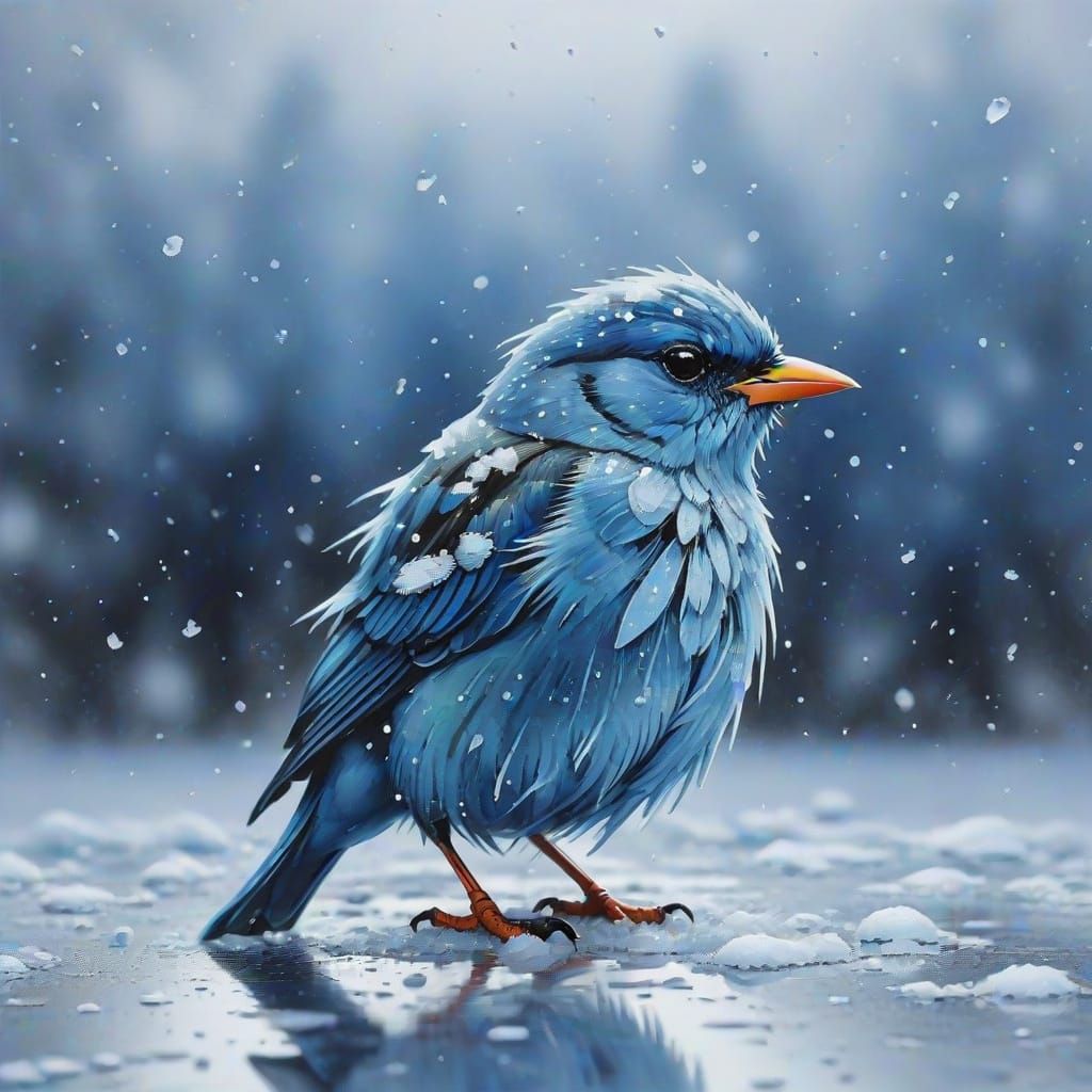 Bird Frozen in Ice During Blizzard, Abstract Gouache Paintin...