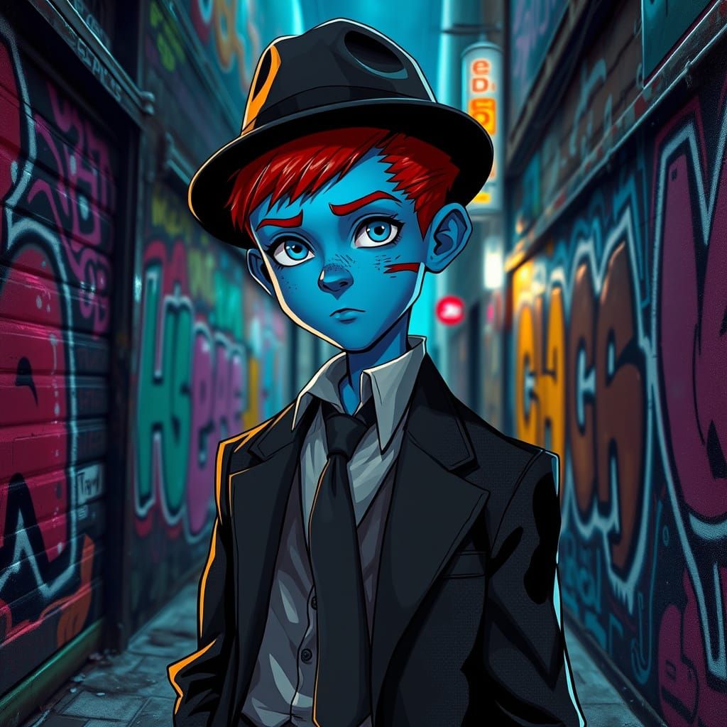 Blue-Skinned Boy in Alley, Futuristic Digital Art