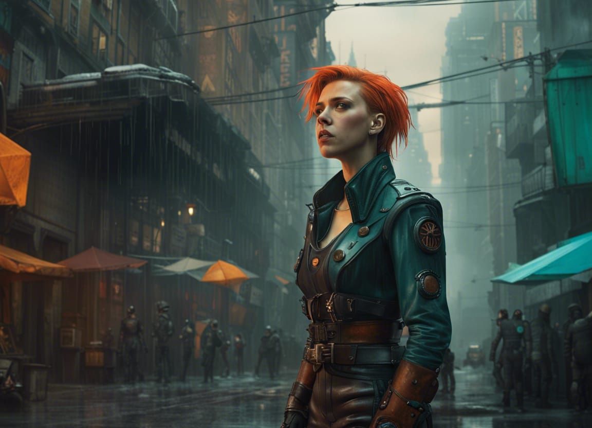 Dieselpunk Cityscape with Figure in Teal and Orange