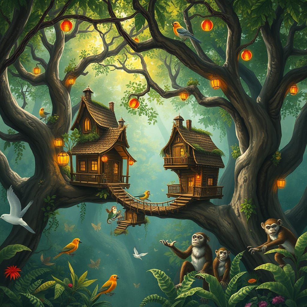 A whimsical treehouse village nestled among the branches of ancient, gnarled trees in a vibrant rainforest. Rope bridges...