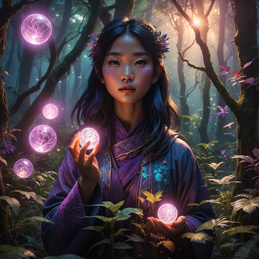 Mystical Asian Girl with Glowing Orb in Art Nouveau Style