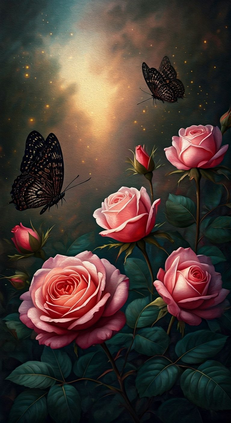 Mystical Garden with Roses, Butterflies, and Gold Sparkles