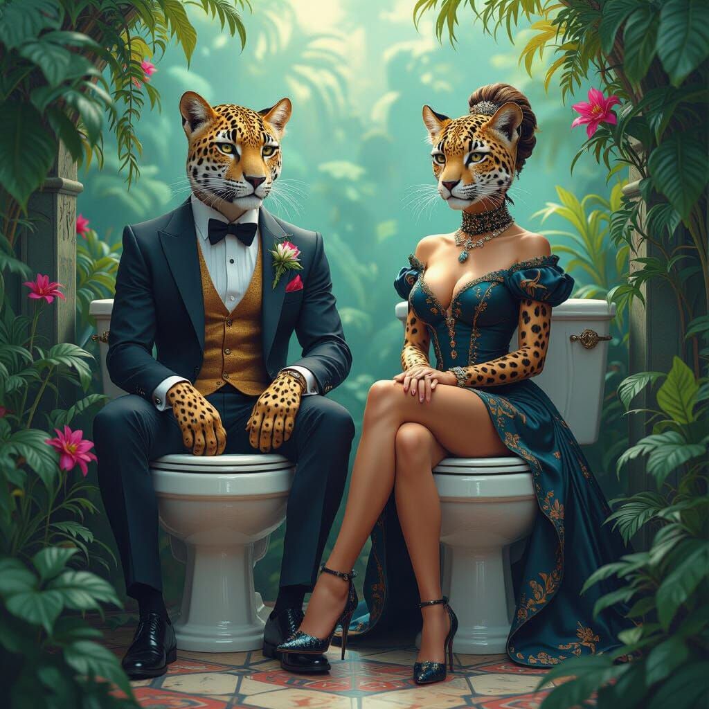 Leopard Couple on Toilets, Fantasy Matte Painting