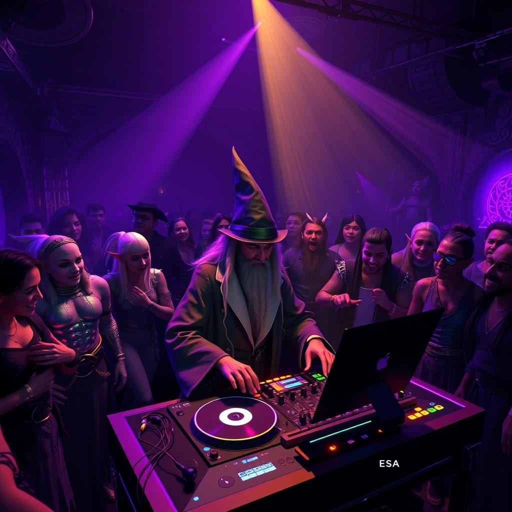 Epic Fantasy Club Scene in Vibrant Art Nouveau Style