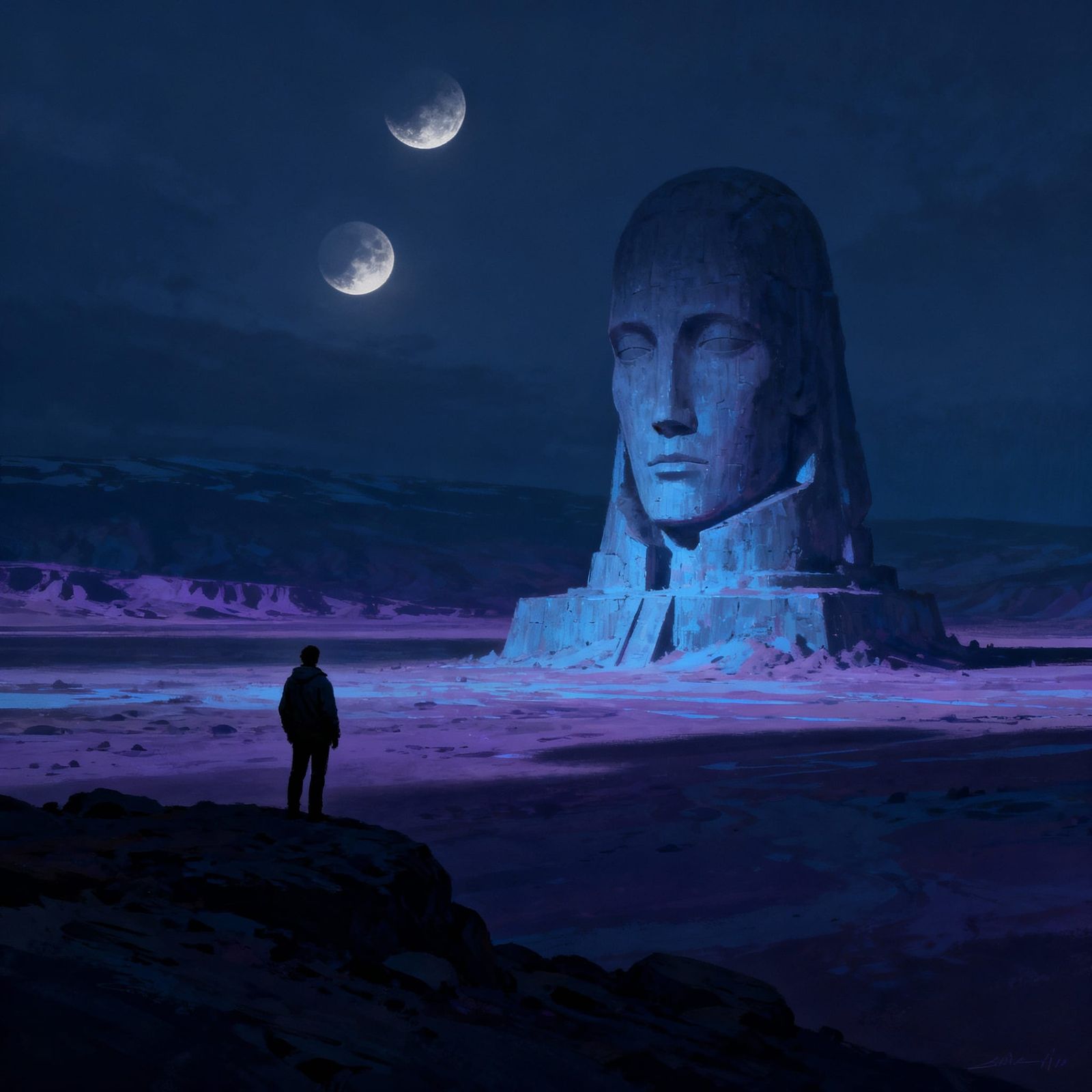 Alien Landscape with Silent Monument Under Twin Moons