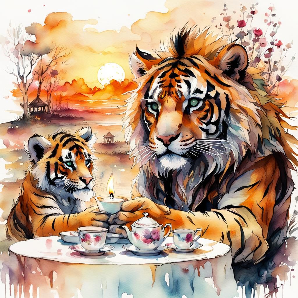 Chibi Tiger and Lion Tea Party: Watercolor Art