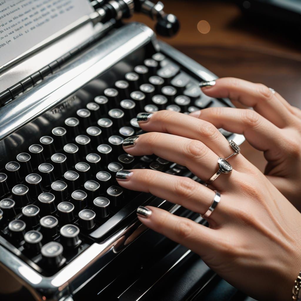 Shimmering Chrome Nail Art Meets Vintage Typewriter