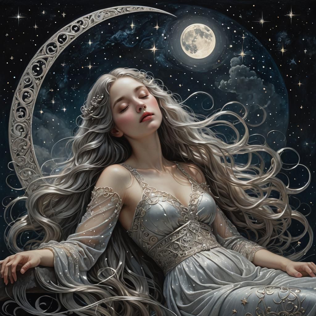 Ethereal Woman on Moon in Imaginative Realism