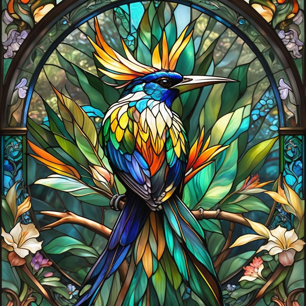 Stained Glass Bird of Paradise in Hyperrealistic Style