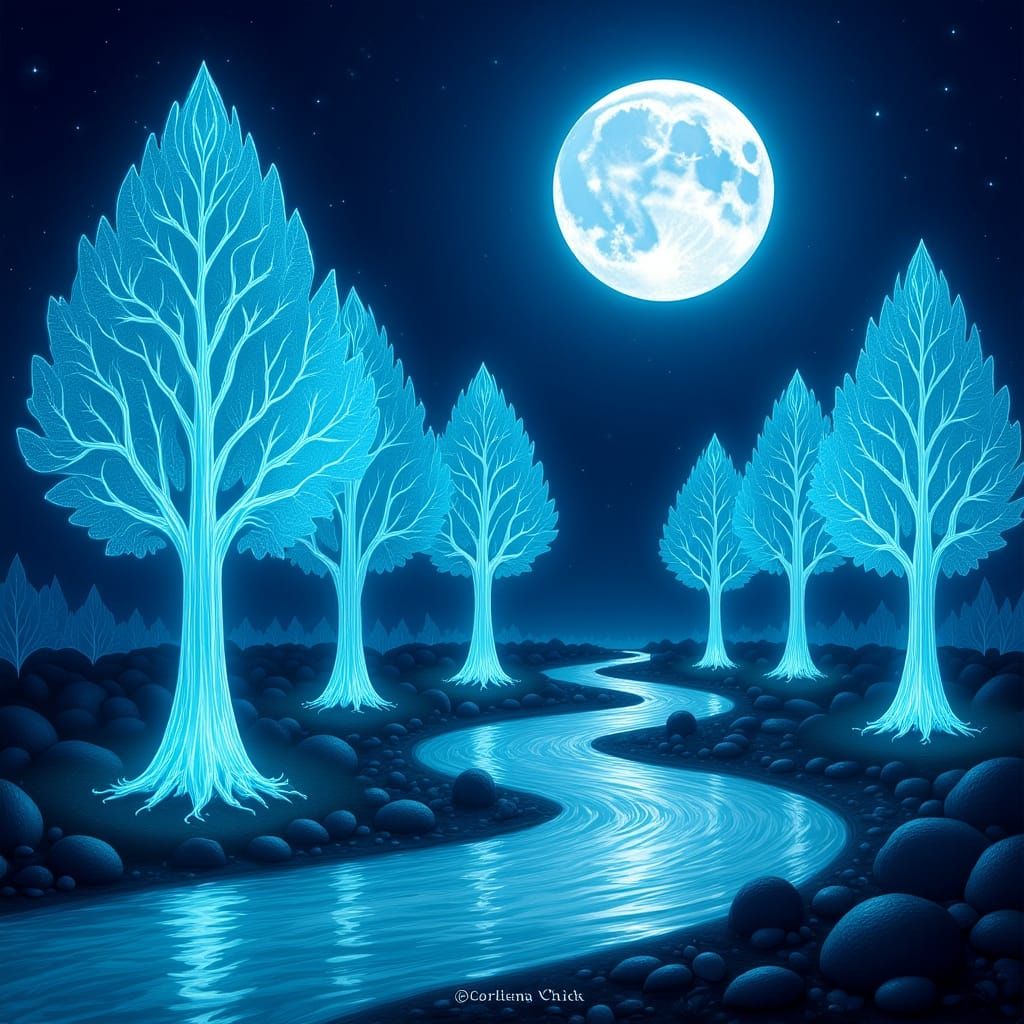 Ethereal Silver River Through Glass Trees Under Moon
