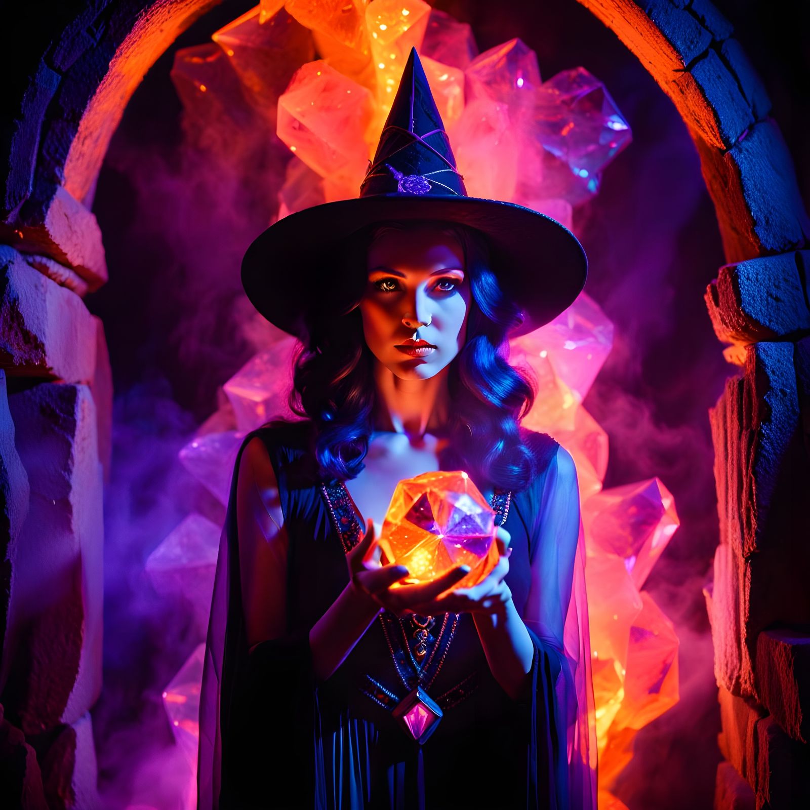 Glowing Crystal Witch on Black Background
