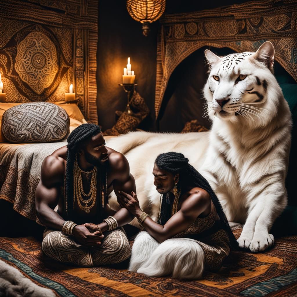 Gypsy Woman Praying with White Cat and Men