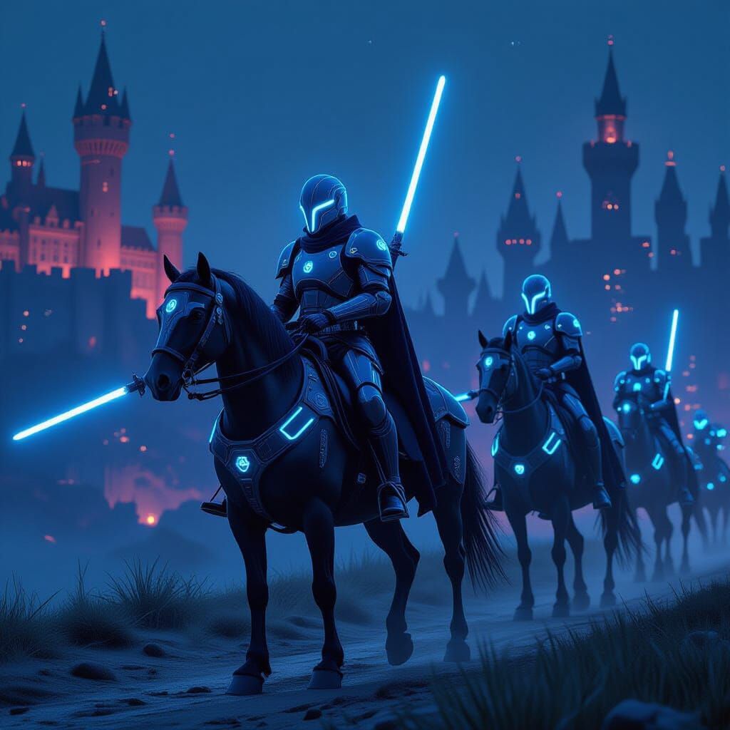 Futuristic Knights Charge Through Neon Cityscape in Cyberpun...