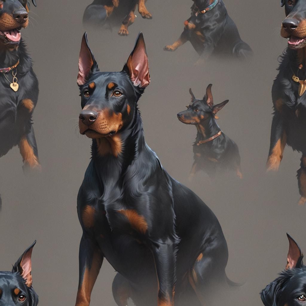 Fluffy Black Doberman Puppy Portrait in 3D Digital Art