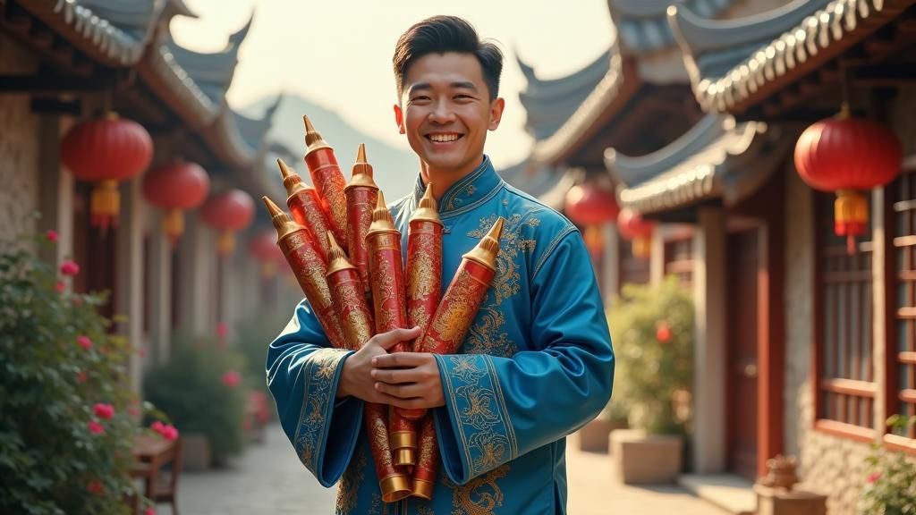 Chinese Man with Fireworks in Traditional Changshan
