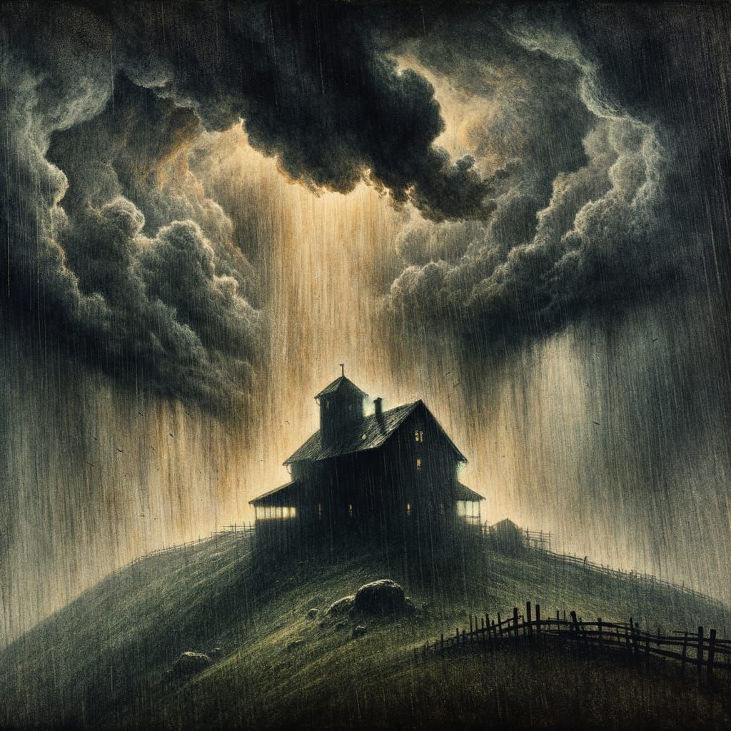 Farmhouse Silhouette Against Stormy Sky in Watercolor Style