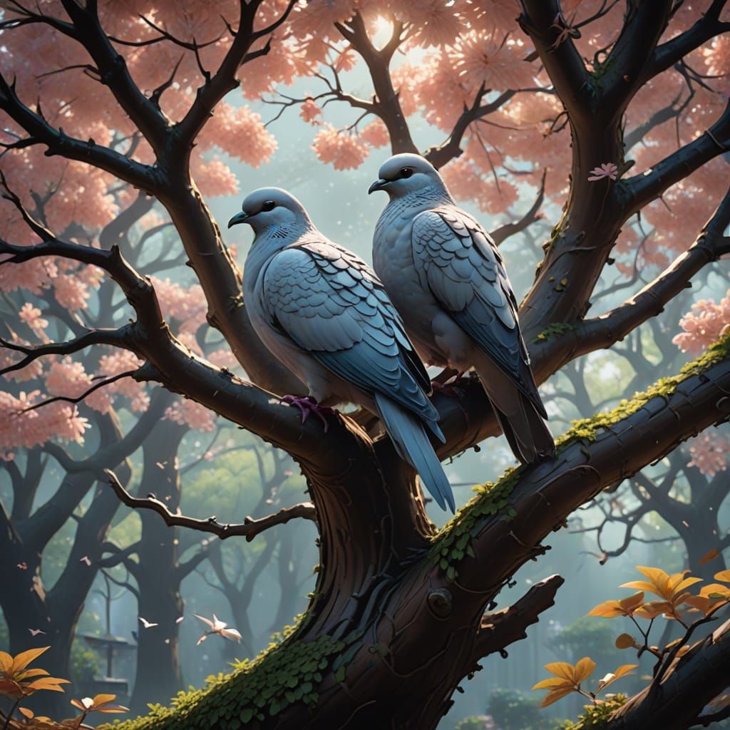 Iridescent Doves in Majestic Chestnut Tree