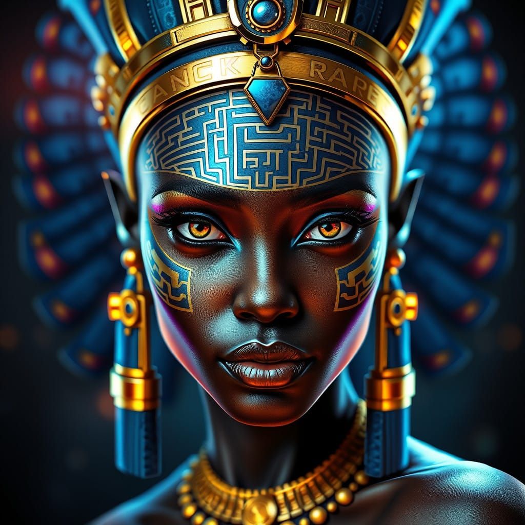 Regal Afrofuturist Goddess in Majestic Portrait with Intrica...