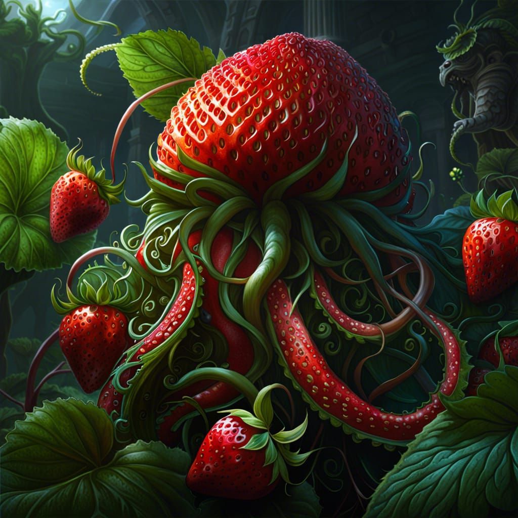 Giant Strawberry Captivates Humans in Dark Fantasy Art