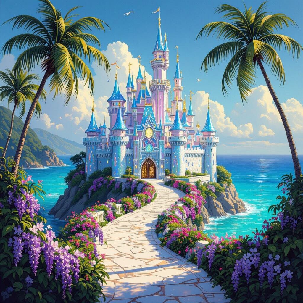 Iridescent Crystal Castle by the Turquoise Sea