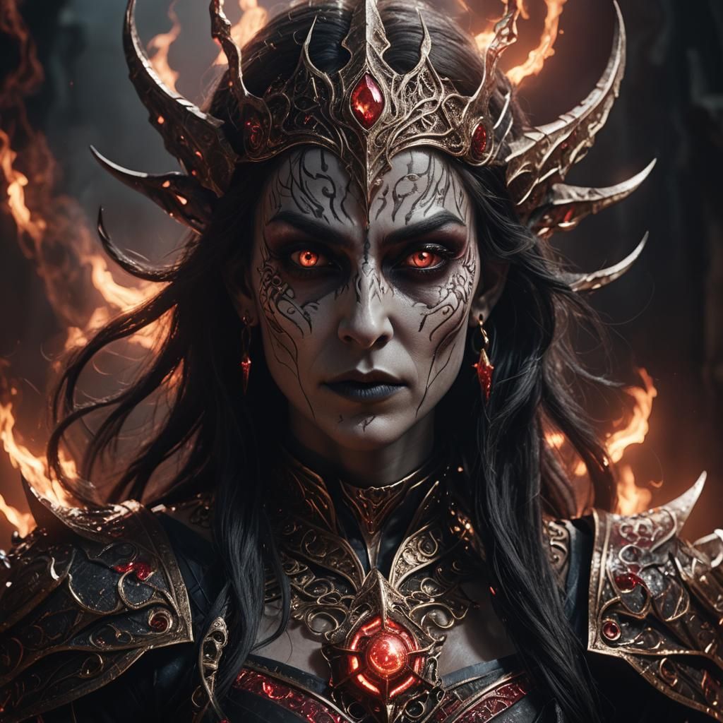 Fearsome Dark Elf Pythia in Draconic Armor