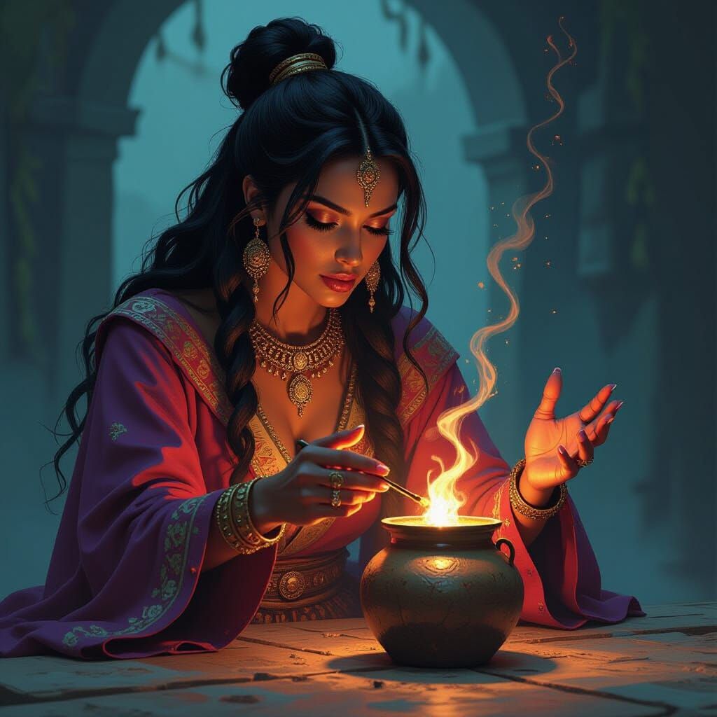 High Priestess Casting a Spell in Mystical Attire