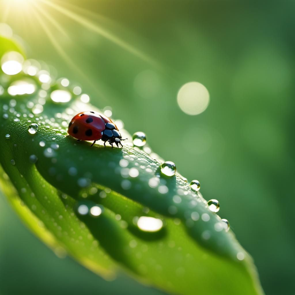 Delicate Ladybug on Dewy Leaf at Sunrise