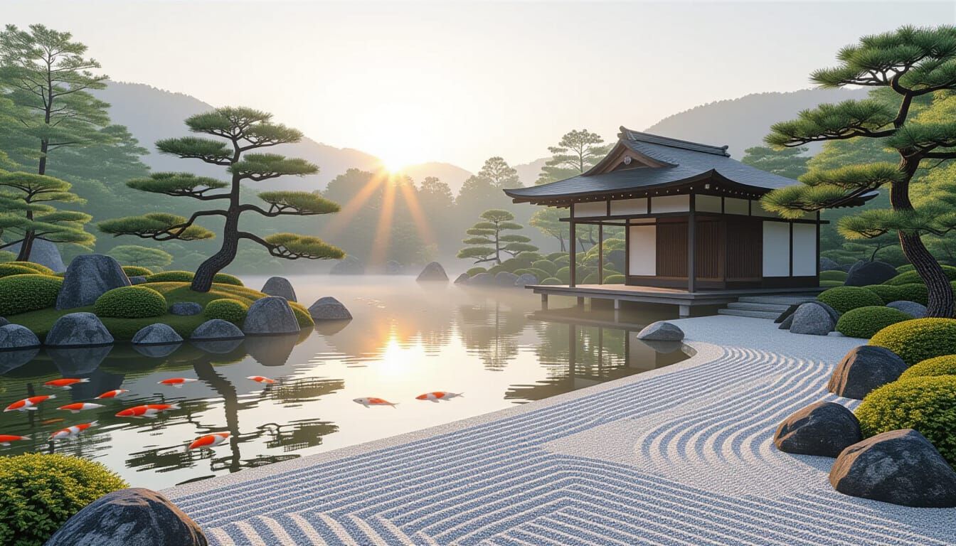Tranquil Japanese Garden at Sunrise in Sumi-e Style